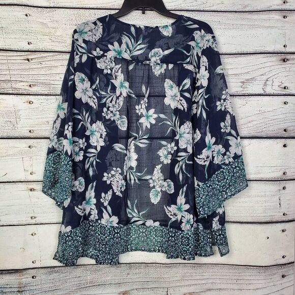CJ Banks Women’s Plus 1X Floral Kimono Cardigan Sheer Navy Open Front - Picture 3 of 6